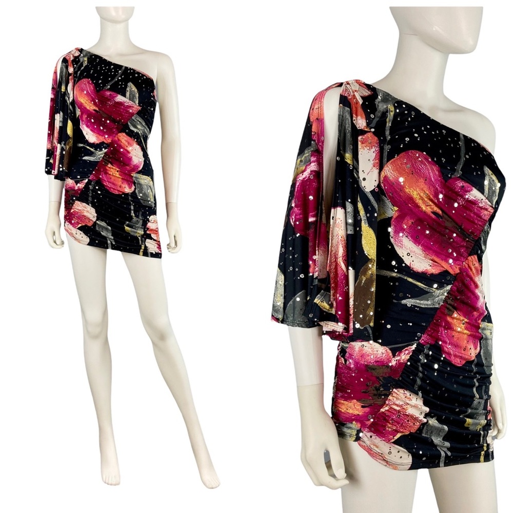 Vintage y2k Arden B ruched floral sparkle asymmetrical one sleeve mini dress